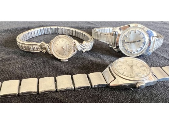 Three Ladies Silver Tone Watches With Vintage 18 Karat Gold Filled Wittnauer, Not Working