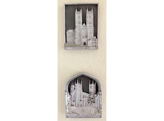 Silver-toned Plaster Marcus Designs Relief Wall Plaques, Westminster Abbey And Canterbury Cathedral, 7 By 9