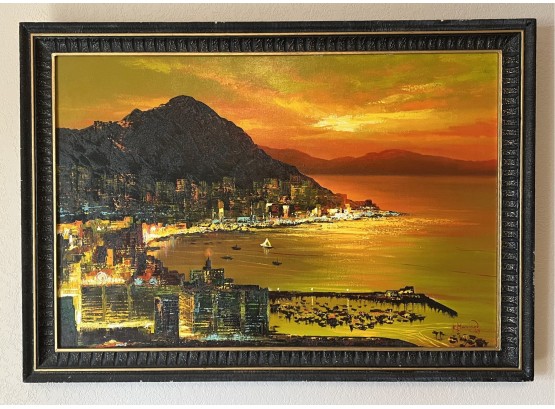 Large Signed Original Painting Of Bay Side  Sun Setting