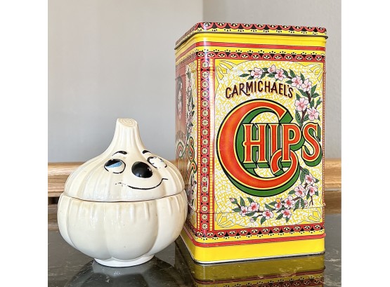 Two-piece Vintage Kitchen Light With Ceramic Garlic Holder, 7 In And Carmichael's Chips Tin, 10 In