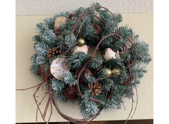 Faux Coniferous Wreath With Birds, Cones And Berries.