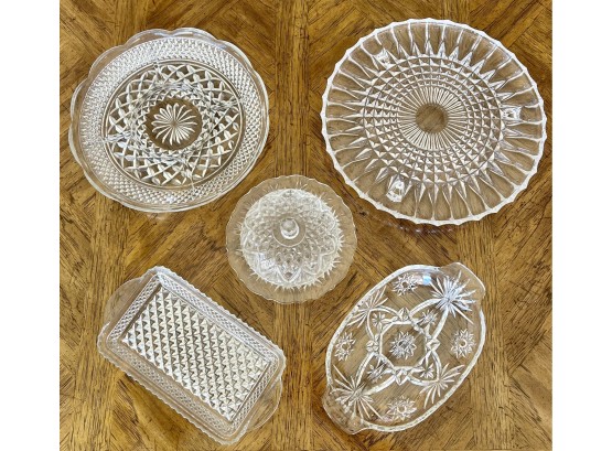 6 Piece Cut And Pressed Glass Vintage Serving Dishes With One Large Platter, 2 Divided Plates, And More!