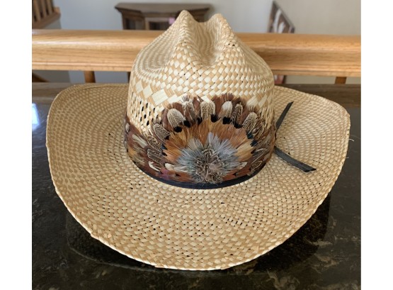 Stetson Straw Hat W Decorative Feathers & JBS  Pin Sz 6 7/8