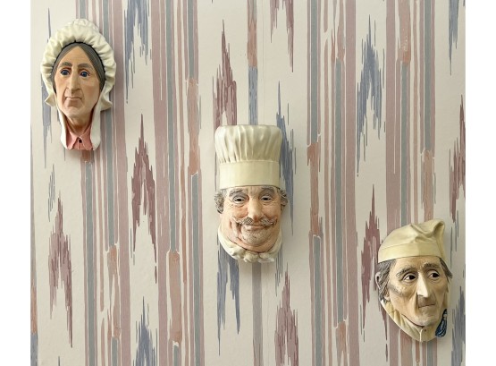 (3) English Bosons Wall Busts, Man And Woman And Chef, 6 In