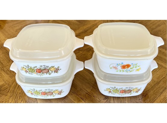 (4) Small Corning Ware Square Cookware With Lids, 3 With Vegetable Design 1 Floral Design