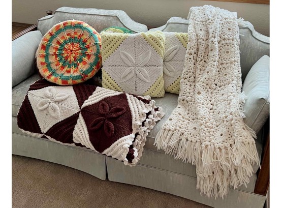 Awesome Lot Of Vintage Crocheted Pillows And Blankets