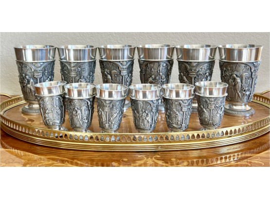 Wonderful Pewter Drinkware Set Made In Germany With Intricate Scenes