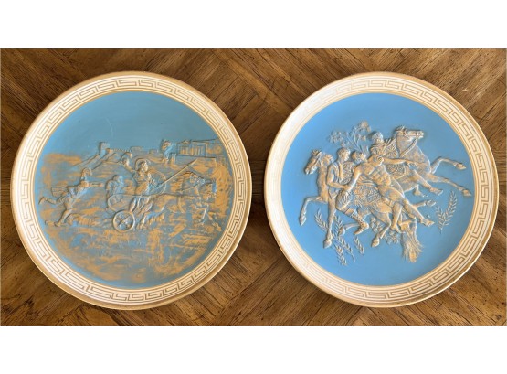 Two Vintage Plaster (12 In) Wall Decor, Greek Motif With Gold And Blue Accent