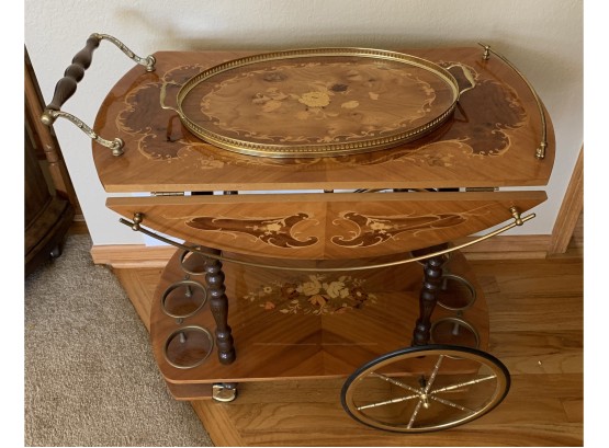 An Absolute Gorgeous Italian Rosewood Marquetry Bar Cart W Matching Tray