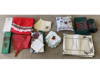 Some Very Cute, Vintage Christmas Linens Including A Table Runner, Cloth Napkins, Candles And More