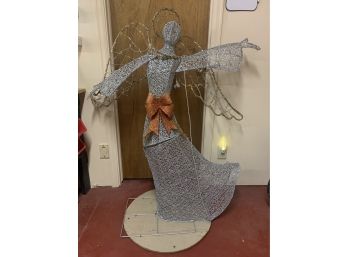 Large Lighted Christmas Angel, Silver With Orange Bow
