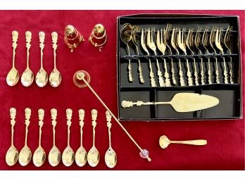 31 Piece Gold Finish Flatware With Rose Handles Made In Japan With Salt Pepper Shaker And More