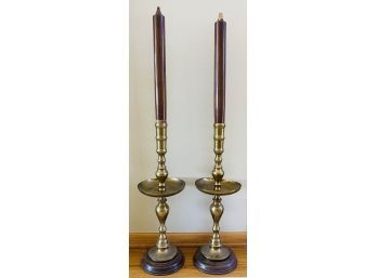 Large Wood And Brass Candle Holders- As Is