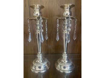 Two Silver Toned Candle Holders With Chandelier Chrystals