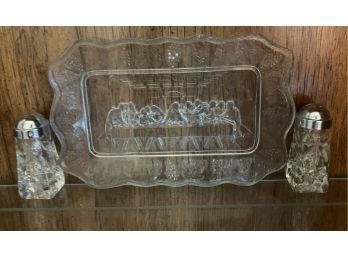 Last Supper Platter, Two Etched Glass Salt And Pepper Shakers