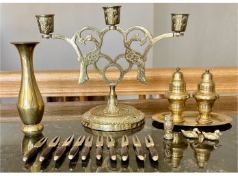 Brass Decor Lot With Candelabra Base Salt And Pepper Shaker And More