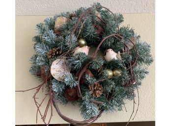 Faux Coniferous Wreath With Birds, Cones And Berries.