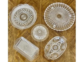 6 Piece Cut And Pressed Glass Vintage Serving Dishes With One Large Platter, 2 Divided Plates, And More!