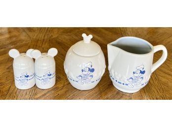 Disney Creamers With Sugar And Salt And Pepper And Creamer, White Ceramic With Blue Design