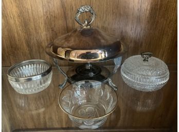 Silver Plate Chafing Dish W Lid Burner & Stand, Crystal Glassware And More.