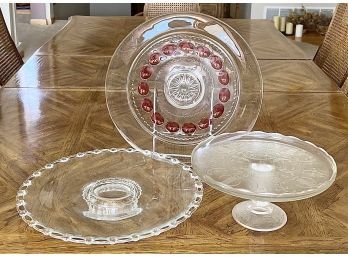 Three Large Vintage Glass Serving Plates And 1 Footed Stand