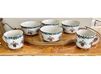 Six-piece Folkcraft Pinecone Stoneware Bowls And Two Mugs Four Bowls And Two Mugs