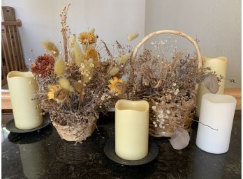 2 Baskets Of Dried Flowers & 4 Battery Operated Candles