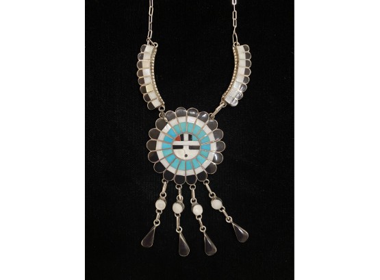 VINTAGE ZUNI STERLING SILVER SUNFACE W/ MULTI STONE INLAY