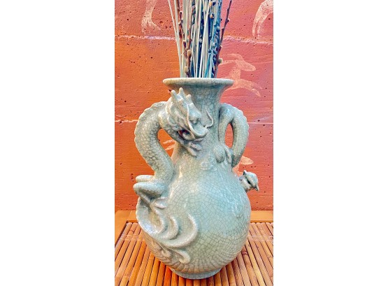 Chinese Style Double Dragon Light Green Ceramic Vase From Treasures Of China With Faux Grass