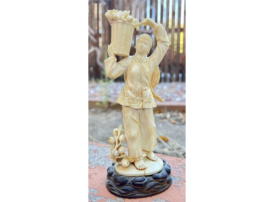 Bone Carved Figurine, Woman Carrying Basket