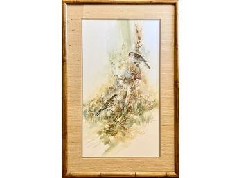 Tree Sparrows Original Watercolor  Signed Judy Snow, In Bamboo Style Wooden Frame And Quality Matting