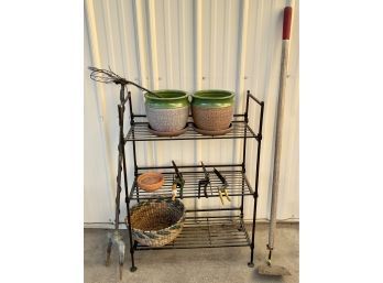 Great Gardening Lot! Includes Planter Pots, Tools, Hoe,  Dragonfly Decor, Plant Stand