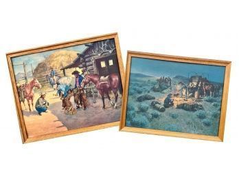 (2) Vintage Western Framed Prints, Campfire And Charlie Dye  Cowboy Horse Shoeing