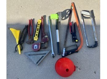 Misc Lot Of Tools Including Hand Saw And Pipe Wrench