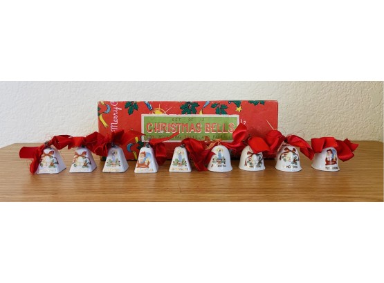 9 Vintage Porcelain Mini Christmas Bells In Box