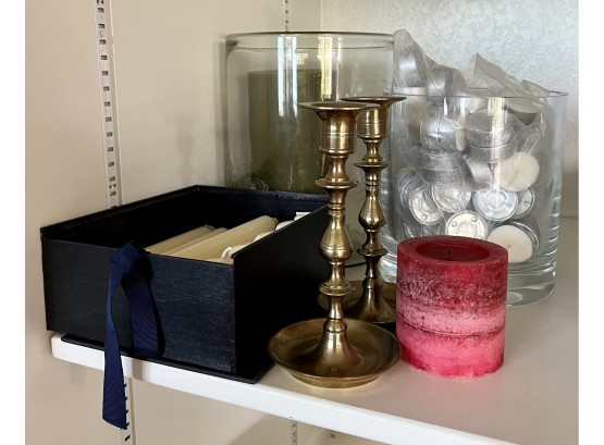 Collection Candle Holders Including Tea Lights, Hurricane Glass, And Brass Candlesticks