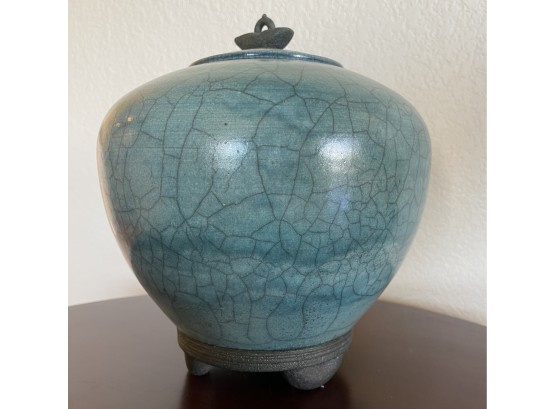 Blue Crackle Signed Pottery Jar With Lid