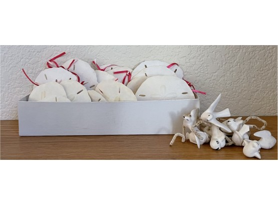 Large Lot Of Sand Dollars With Ribbon & Vintage Ceramic White Doves Christmas Decor