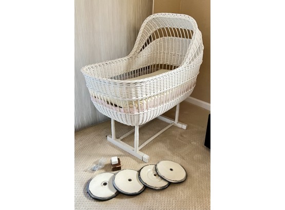 Adorable White Rattan Cradle With Mattress