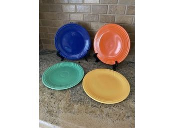 4 Vintage Ware Dinner Plates Yellow, Orange, Green , Blue 1 Of 2.