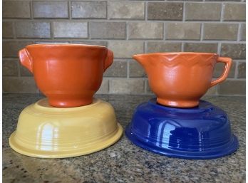 4 Vintage Fiesta Ware Pcs 2 Bowls, Orange Sugar & Creamer.