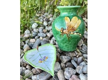 Small Dragonfly Vase And Hand Painted Dragonfly Leaf Trinket Tray