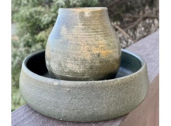 Green Signed Vase And Bowl By Ferne