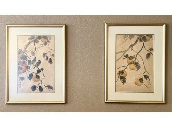 (2)  Framed Japanese Water Color Prints Featuring Sparrows In A Fruit Tree