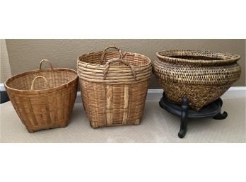 Three Wonderful Woven Baskets Including One On Wooden Stand