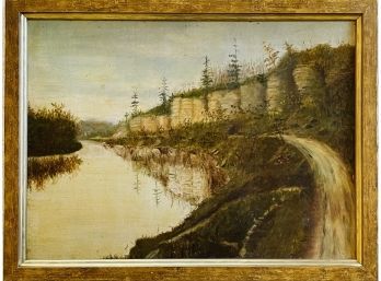 Vintage Original Oil Painting On Canvas- Country Road By River