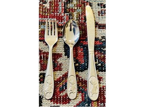 3 Pc. Vintage FW & Co. Children's Flatware Set With Rabbits- Stainless Steel