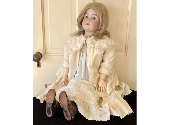 Amazing 33 Inch German Bisque Doll W Sleep Eyes, Articulated Limbs, Original Period Clothing, Human Hair