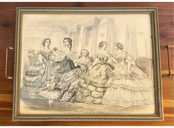Antique Tray Picture, Group Of Women In Formal Gowns, Currier And Ives Style, 12' X 10'