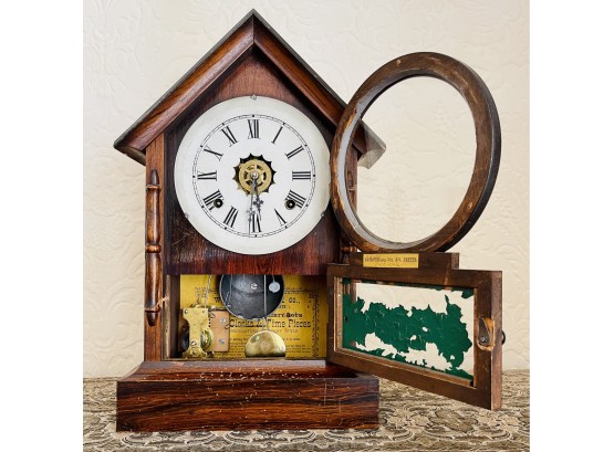 Antique Ca. 1880s Waterbury Wood Mantle Clock With Brass Movement With Key - Regulator Style